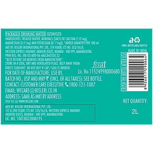 Bisleri Packaged Drinking Water - With Added Minerals, 2 L Bottle