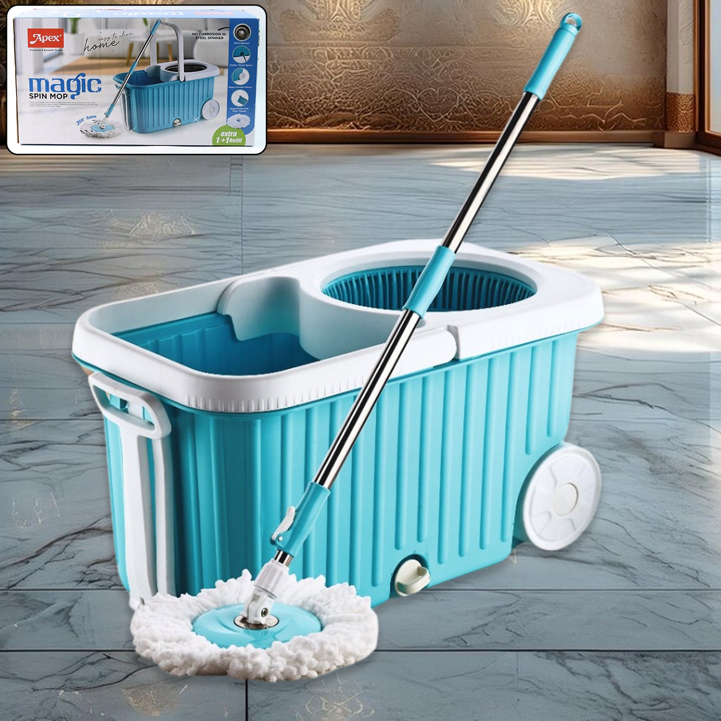 Apex Magic 360 Spin Mop Cleaning System With Stainless Steel Spinner