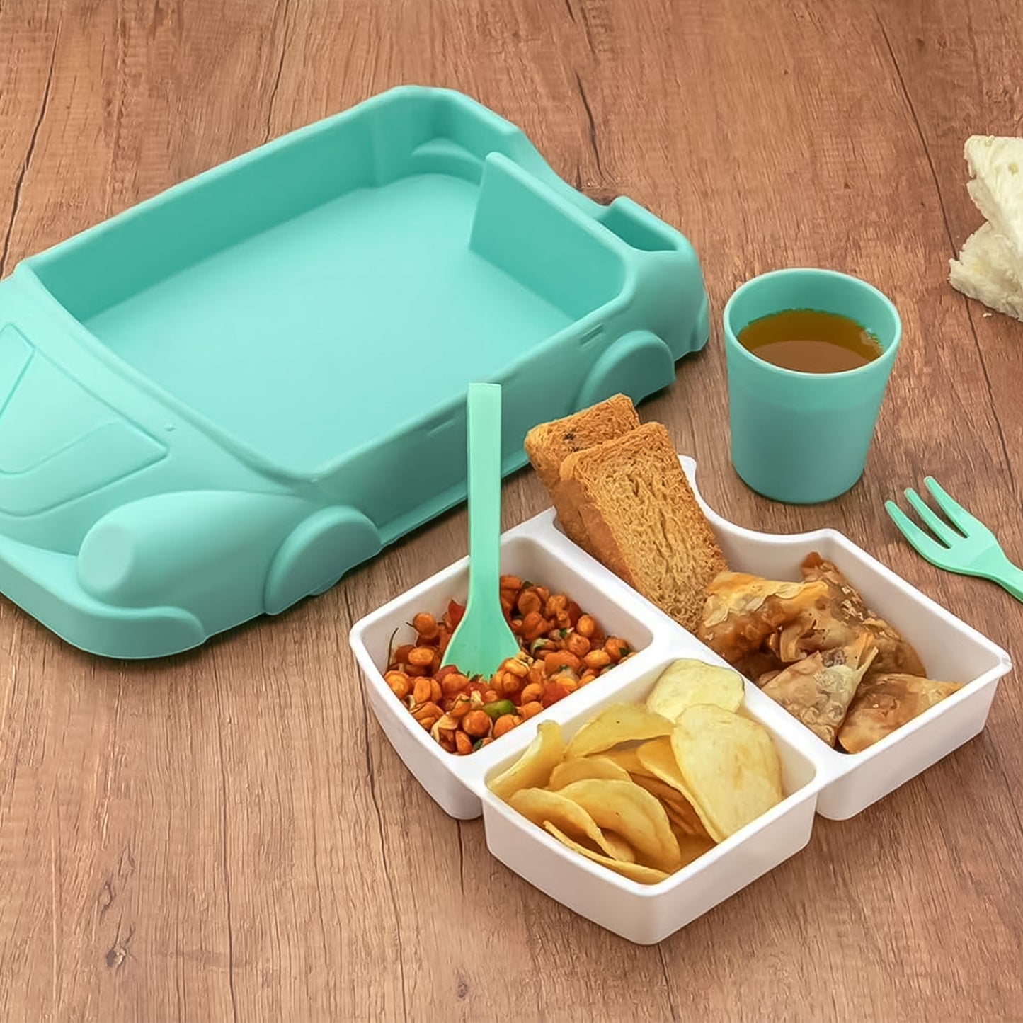 Kids Car Shaped Plates Cup Lunch Box Dinnerware Set (4 Pcs Set 1000 Ml Lunch Box)