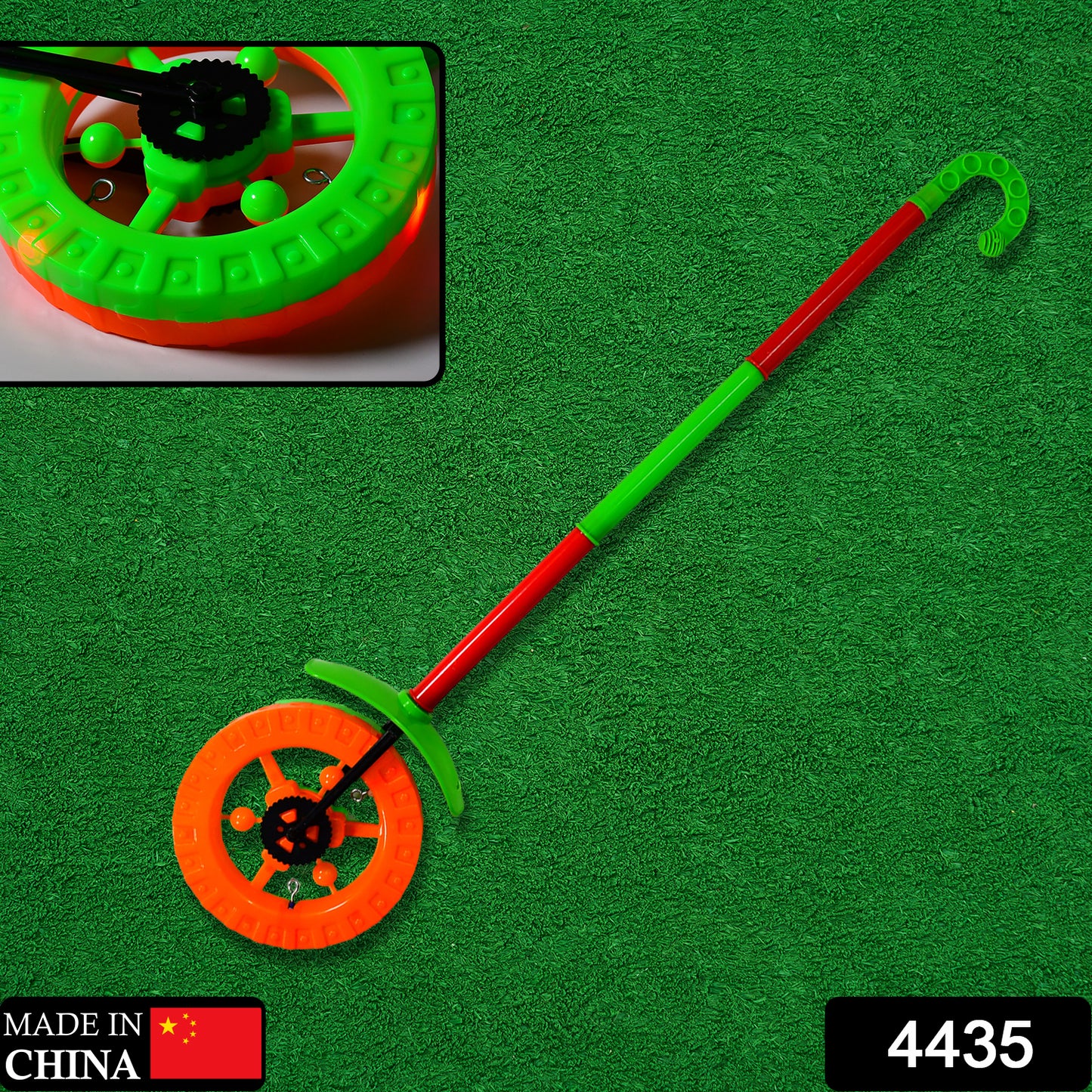 4435 Plastic Single Wheel Push Run Toy With Handle And Two Lights On Wheel. Push Toy For Kids.