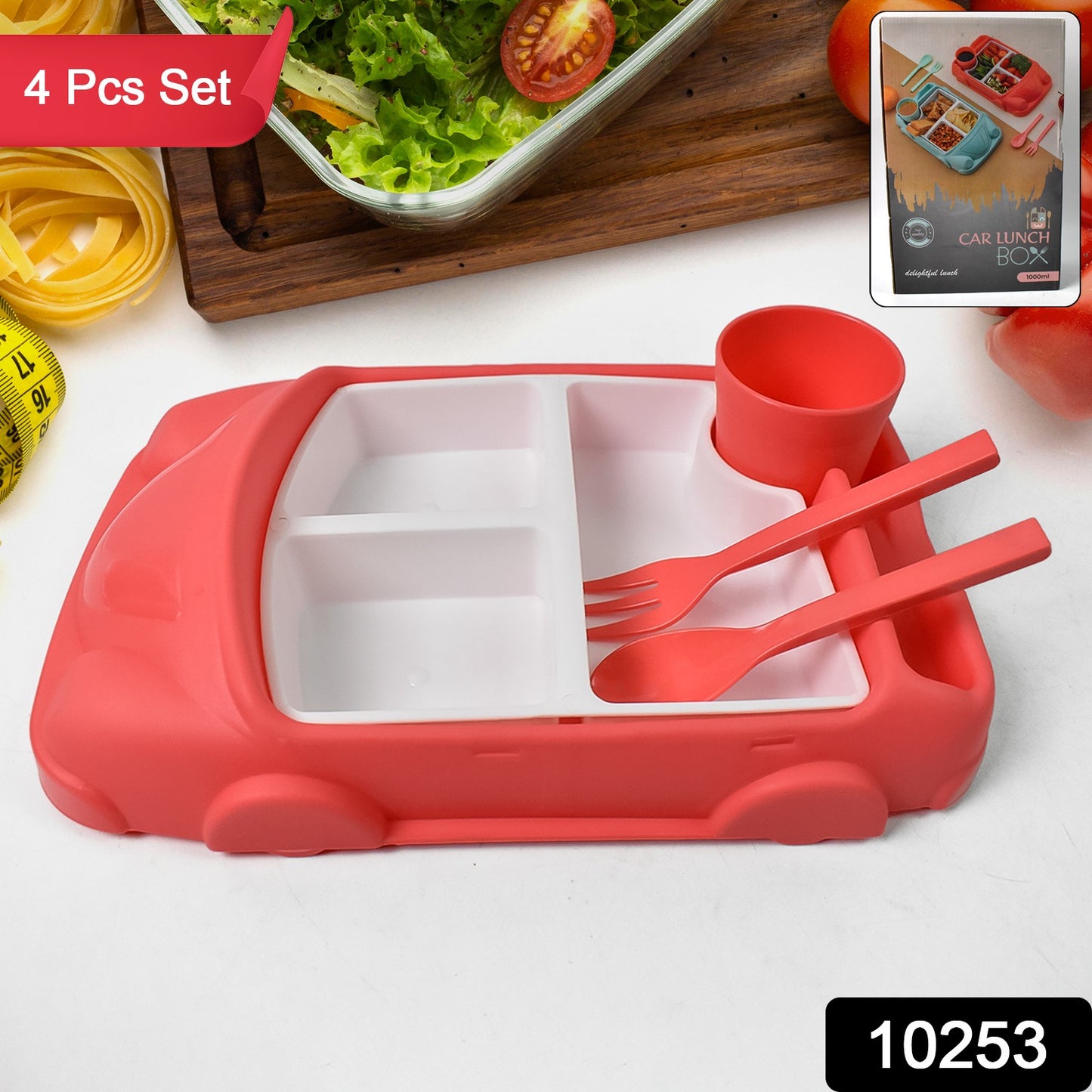Kids Car Shaped Plates Cup Lunch Box Dinnerware Set (4 Pcs Set 1000 Ml Lunch Box)