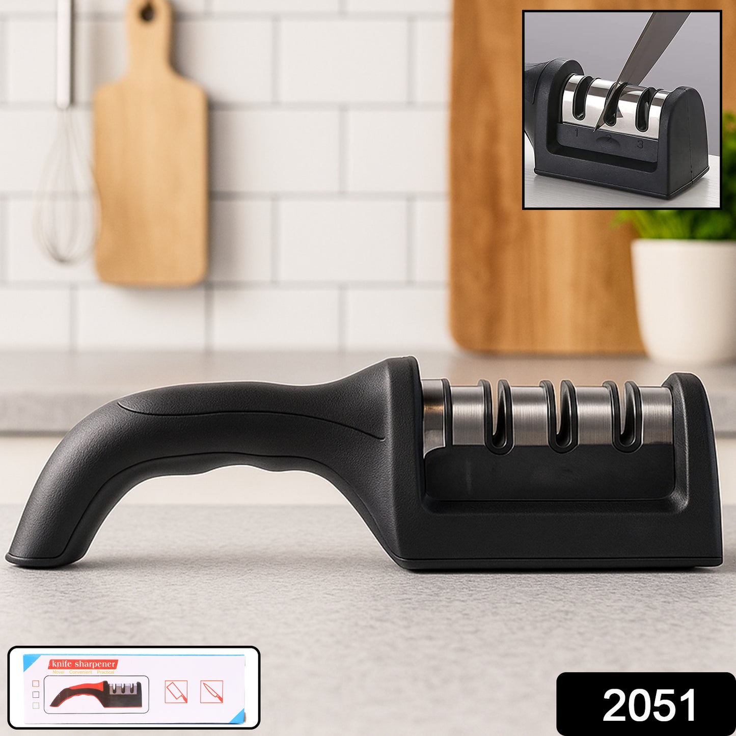 2051 Manual Red Knife Sharpener 3 Stage Sharpening Tool For Ceramic Knife And Steel Knives.