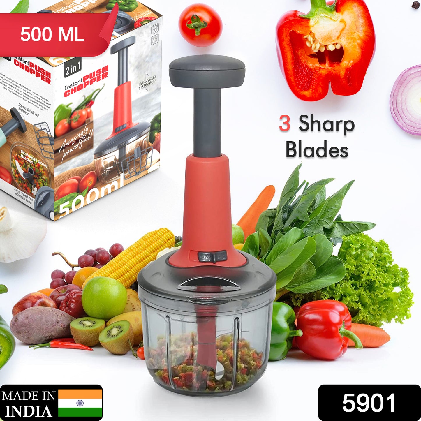 5901 Matte Finish Manual Hand Press Chopper For Kitchen Mini Handy Compact Chopper With 3 Blades For Effortlessly Chopping Vegetables Fruits For Your Kitchen.