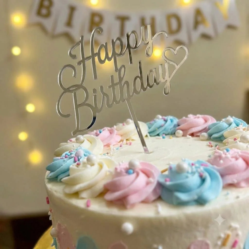 Golden Happy Birthday Cake Topper, Silver