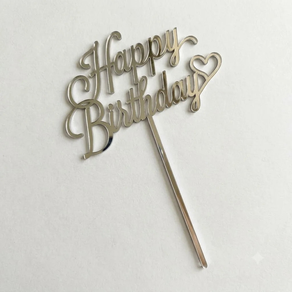 Golden Happy Birthday Cake Topper, Silver
