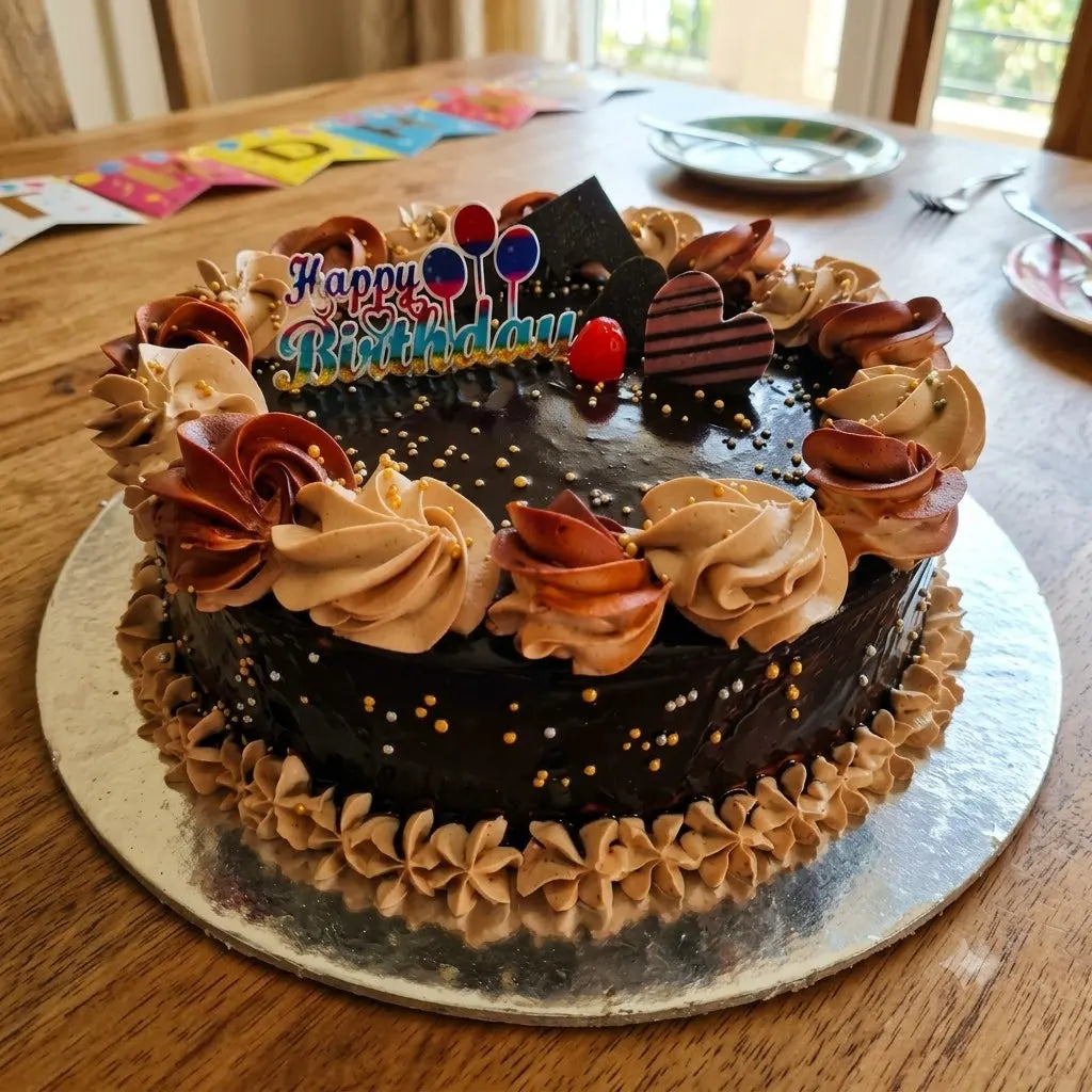 Chocolate Fantasy Birthday Cake with Golden Rose, 2 Pound