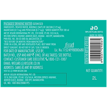 Bisleri Packaged Drinking Water - With Added Minerals, 2 L Bottle