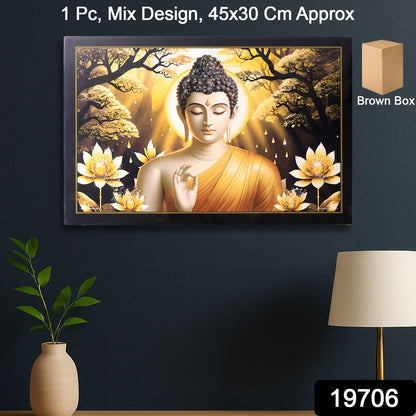 Decorative Lord Buddha Wall Painting With Wooden Frame Mix Design 45x30 Cm Approx (1 Pc)