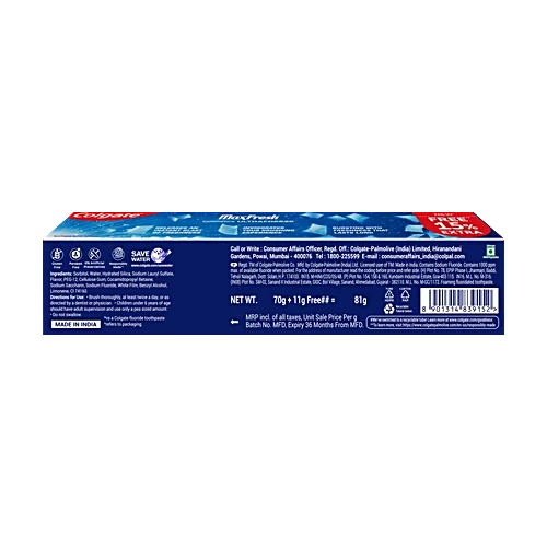 Colgate MaxFresh Toothpaste - Peppermint Ice, 70g + 11g