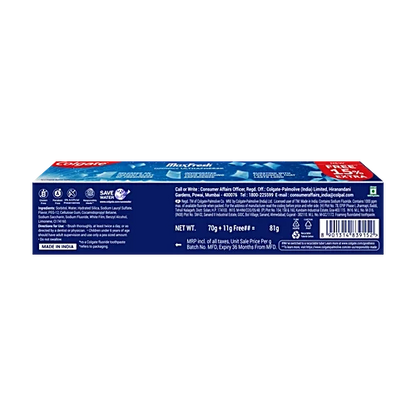 Colgate MaxFresh Toothpaste - Peppermint Ice, 70g + 11g