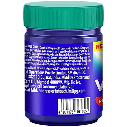 Vicks VapoRub With Menthol, Camphor & Eucalyptus Oil - Relieves Cold & Cough, Clears Blocked Nose, 25 ml Bottle