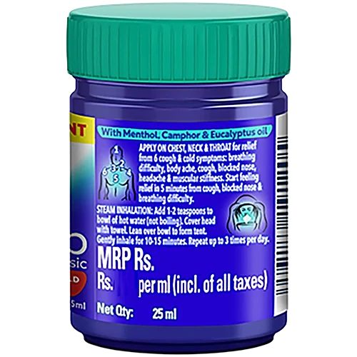Vicks VapoRub With Menthol, Camphor & Eucalyptus Oil - Relieves Cold & Cough, Clears Blocked Nose, 25 ml Bottle