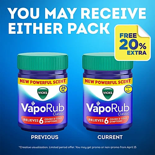 Vicks VapoRub With Menthol, Camphor & Eucalyptus Oil - Relieves Cold & Cough, Clears Blocked Nose, 25 ml Bottle