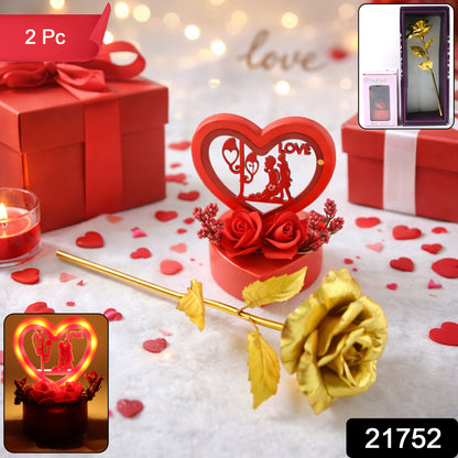 Heart Love Decorative Showpiece With Golden Rose Flower Gift Set (2 Pc)