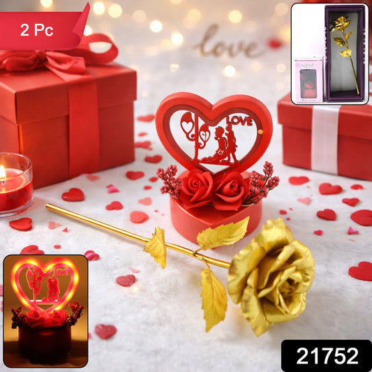 Heart Love Decorative Showpiece With Golden Rose Flower Gift Set (2 Pc)