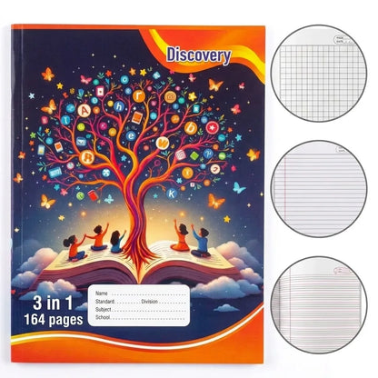 Discovery 3-in-1 Combined Practice Notebook / Copy for Kids - Hindi, English & Math, 164 Pages