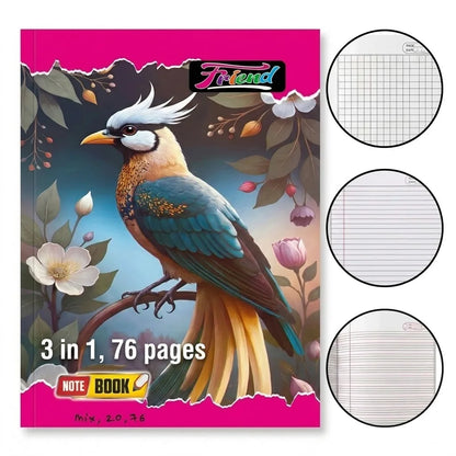 Friend 3 in 1 - Hindi, English & Maths Notebook / Copy for Students, 76 Pages