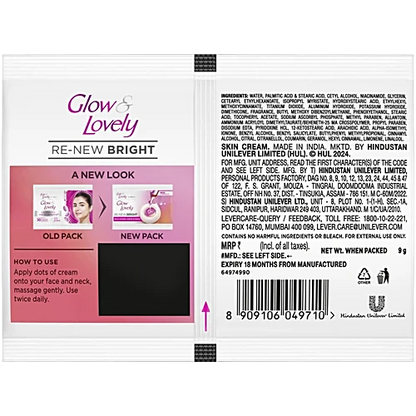 Glow & Lovely Re-new Bright Multi Vitamin+ Serum In Cream, 9 g Sachet