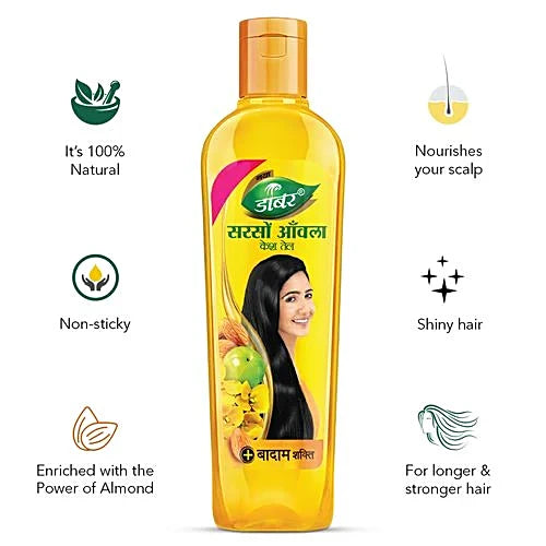 Dabur Amla Sarso Hair Oil - For Longer & Stronger Hair, 100% Natural, Enriched with Almond, 175 ml