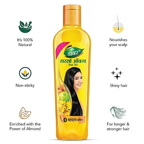 Dabur Amla Sarso Hair Oil - For Longer & Stronger Hair, 100% Natural, Enriched with Almond, 34 ml
