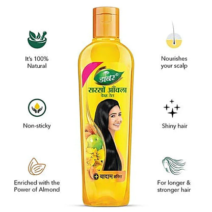 Dabur Amla Sarso Hair Oil - For Longer & Stronger Hair, 100% Natural, Enriched with Almond, 34 ml
