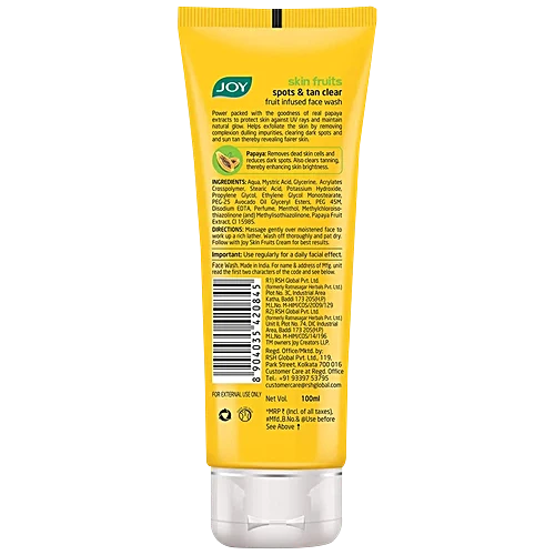 Joy Skin Fruits Spots & Tan Clear Papaya Face Wash - For Normal To Dry Skin, 100 ml