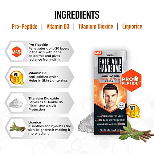 Fair And Handsome Long Lasting Radiance Cream, 2X Spot Reduction, 7 Hrs Brighter Look, Pro-Peptide Face Cream For Men, 15 g