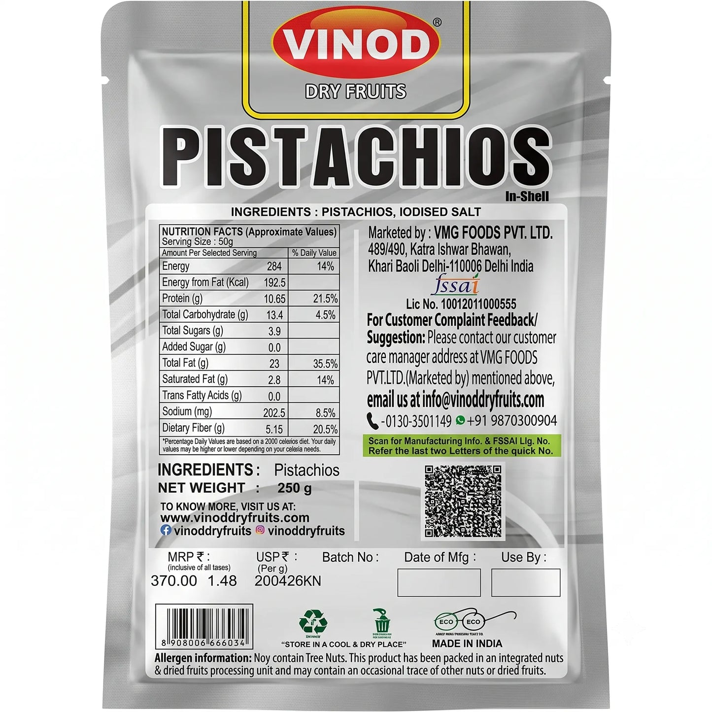 Vinod Dry Fruits Premium Pistachios (Pista), Roasted & Salted, 250 g