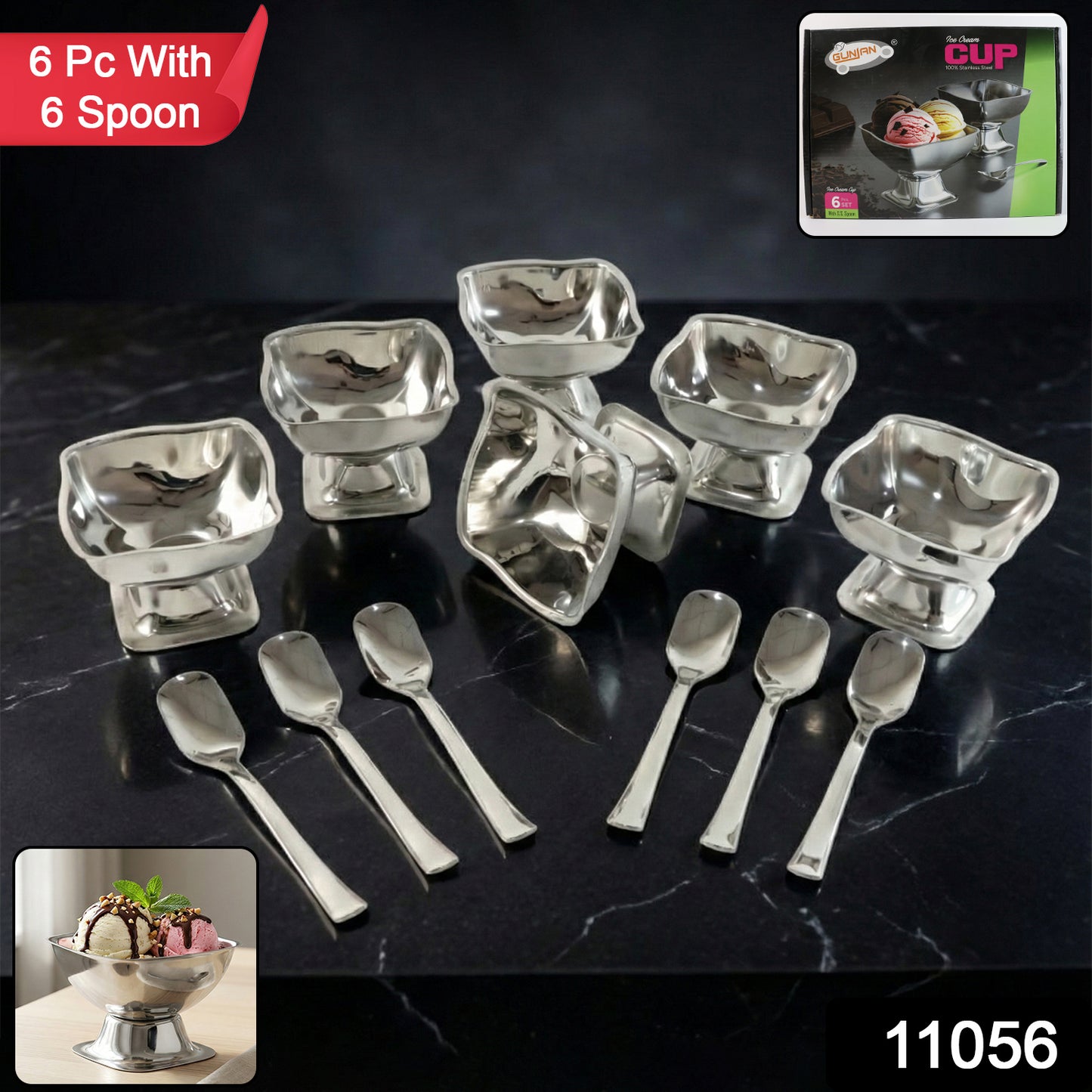 Premium Stainless Steel Ice Cream Cup With 6 Spoon Set (6 Pc Set)