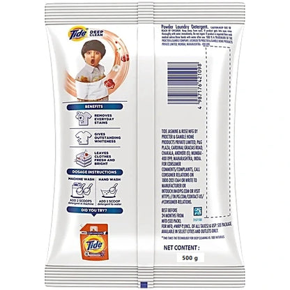 Tide Plus Double Power Detergent Washing Powder - Jasmine & Rose, 500 g Pouch