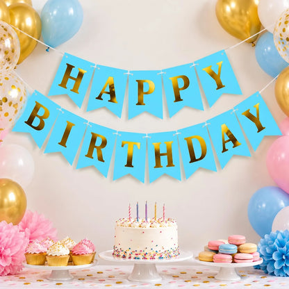 Happy Birthday Banner with Tape Roll, Blue & Gold