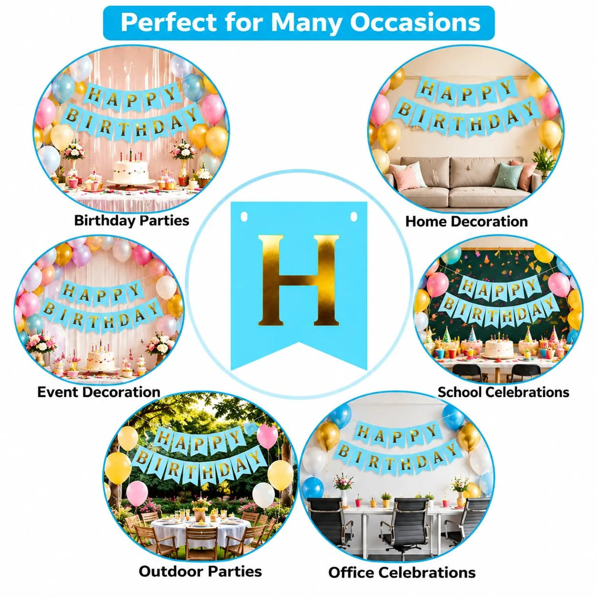 Happy Birthday Banner with Tape Roll, Blue & Gold