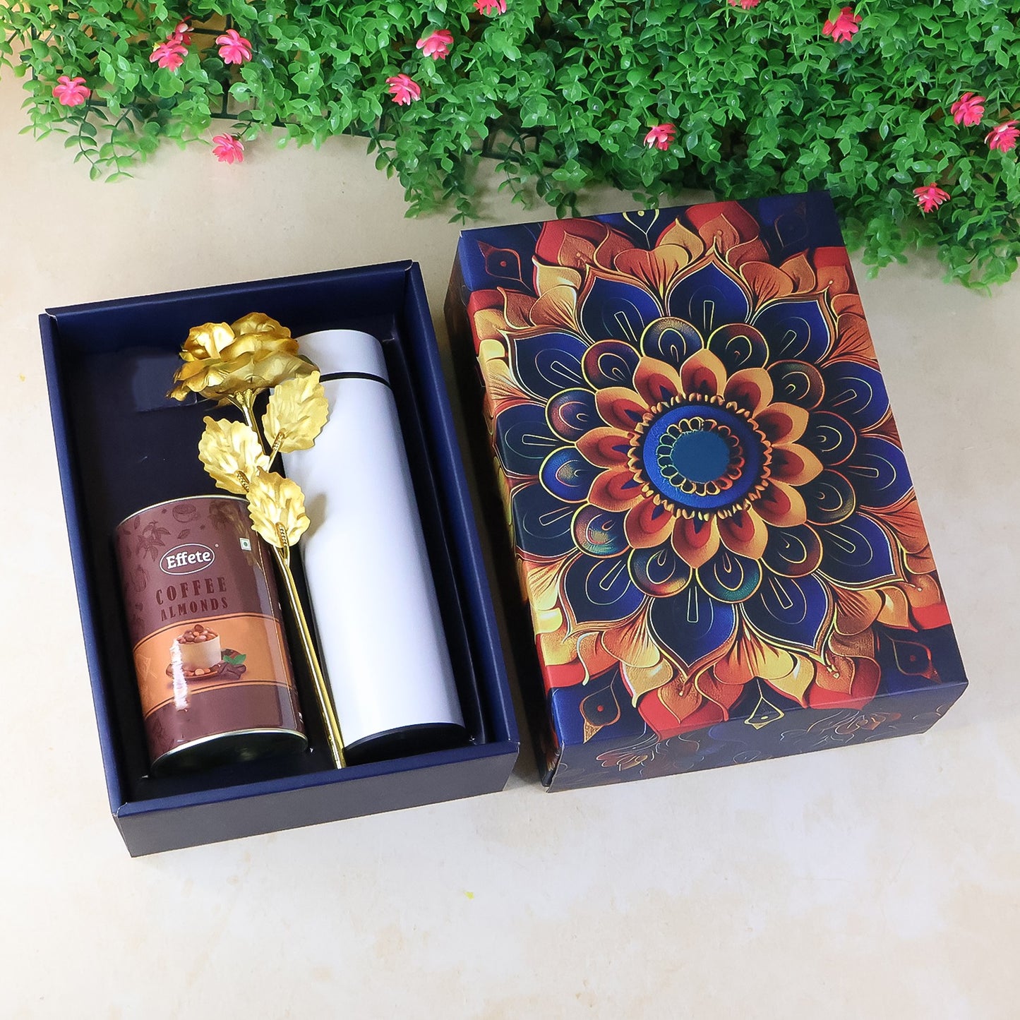 Effete Coffee Almonds Gift Hamper Golden Rose With Bottle (3 Pc Set)