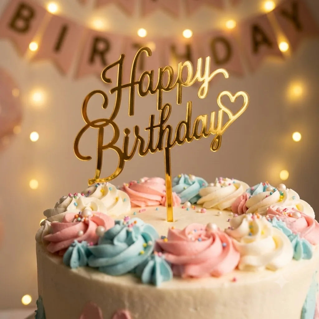 Golden Happy Birthday Cake Topper, Golden