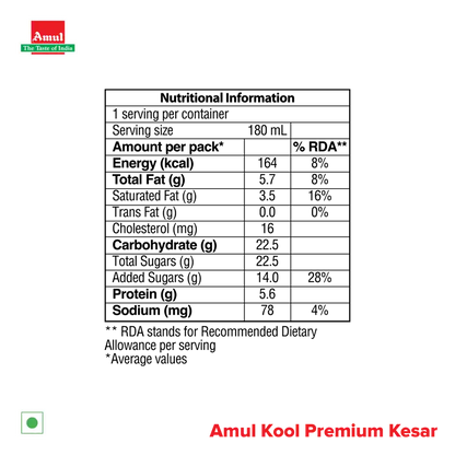 Amul Gold Kool Premium Kesar Flavoured Milk, 180 ml