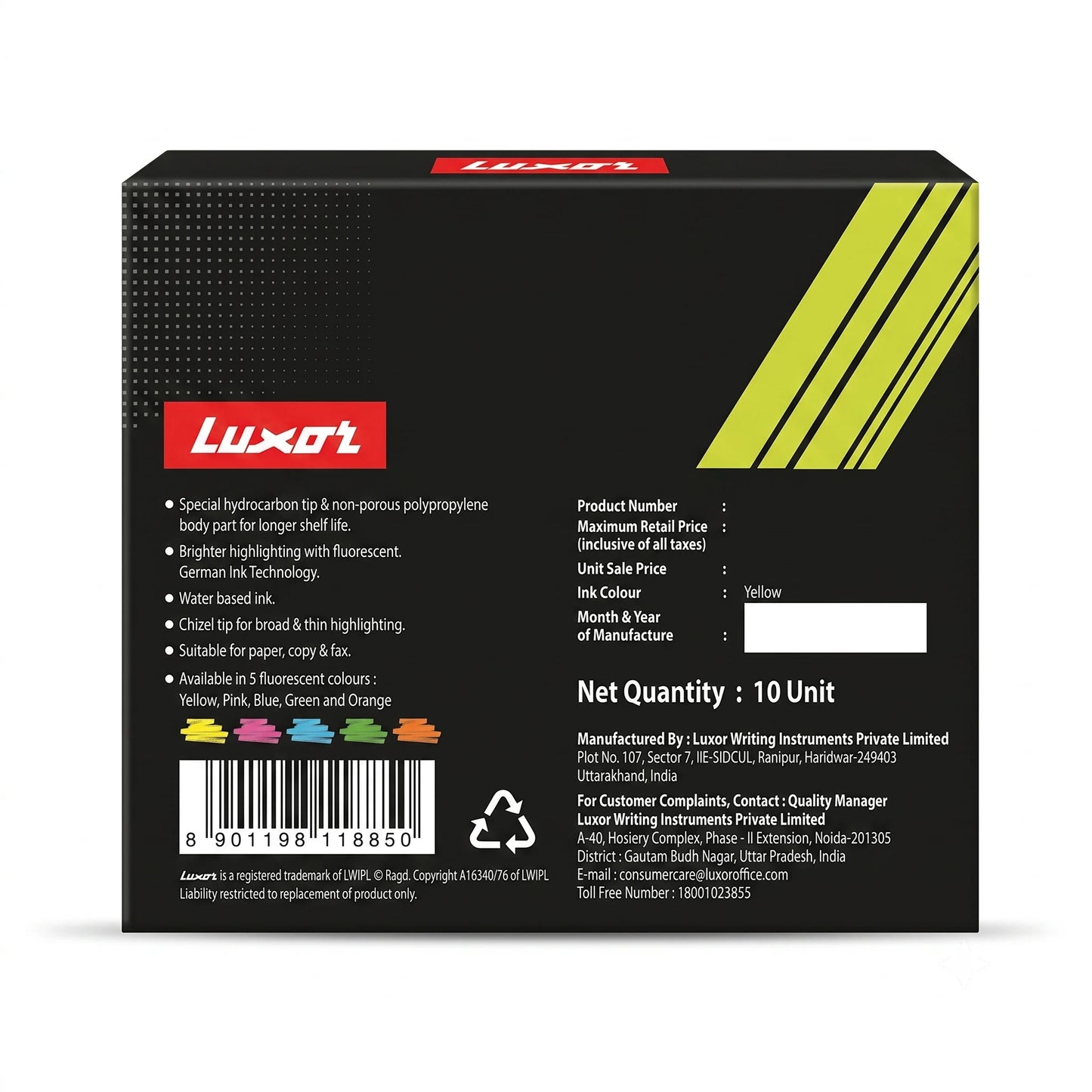 Luxor Highlighter Fluorescent, 10 Units, Yellow