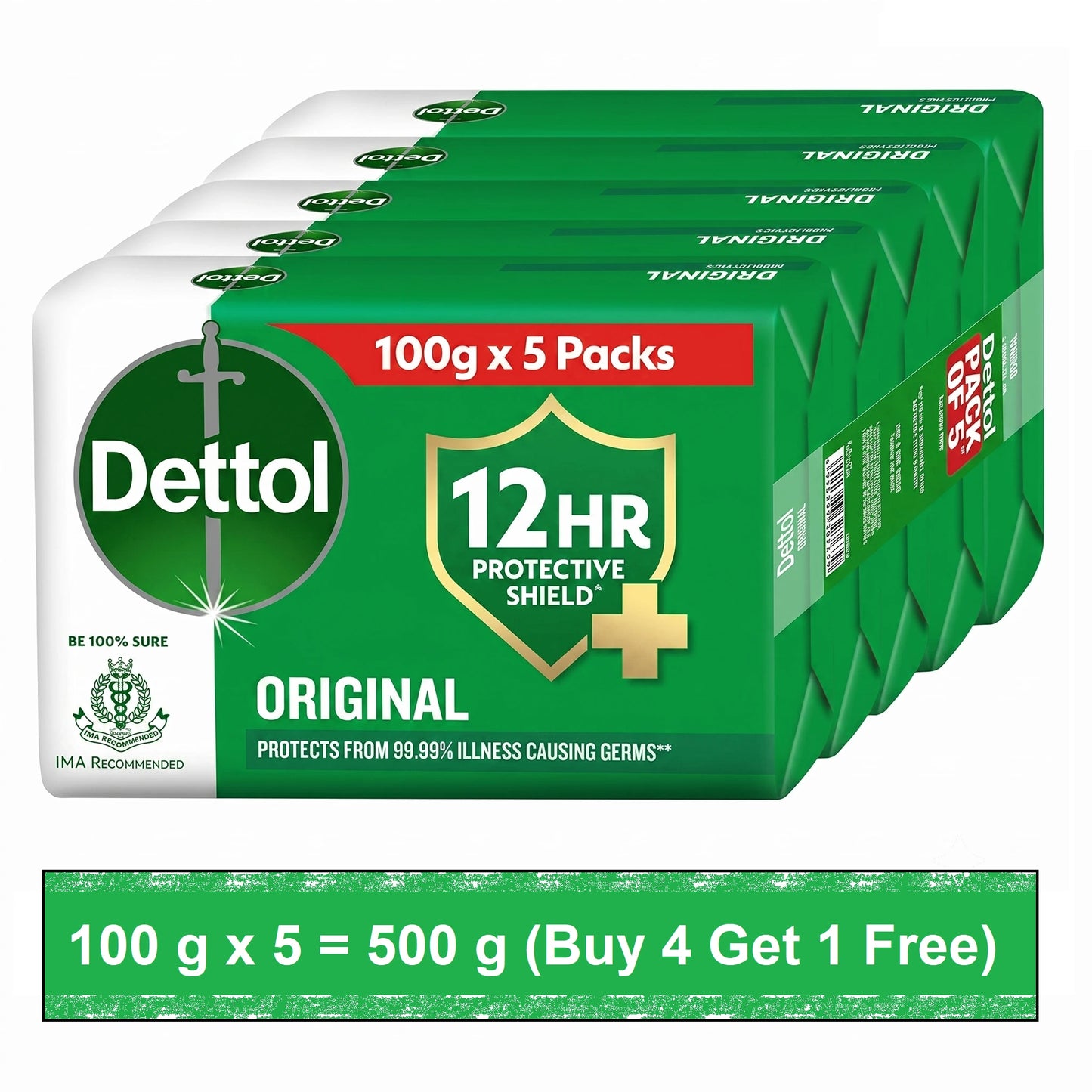 Dettol Original Bathing Soap Bar With 12 HR protective shield, 100 g (Pack of 5)