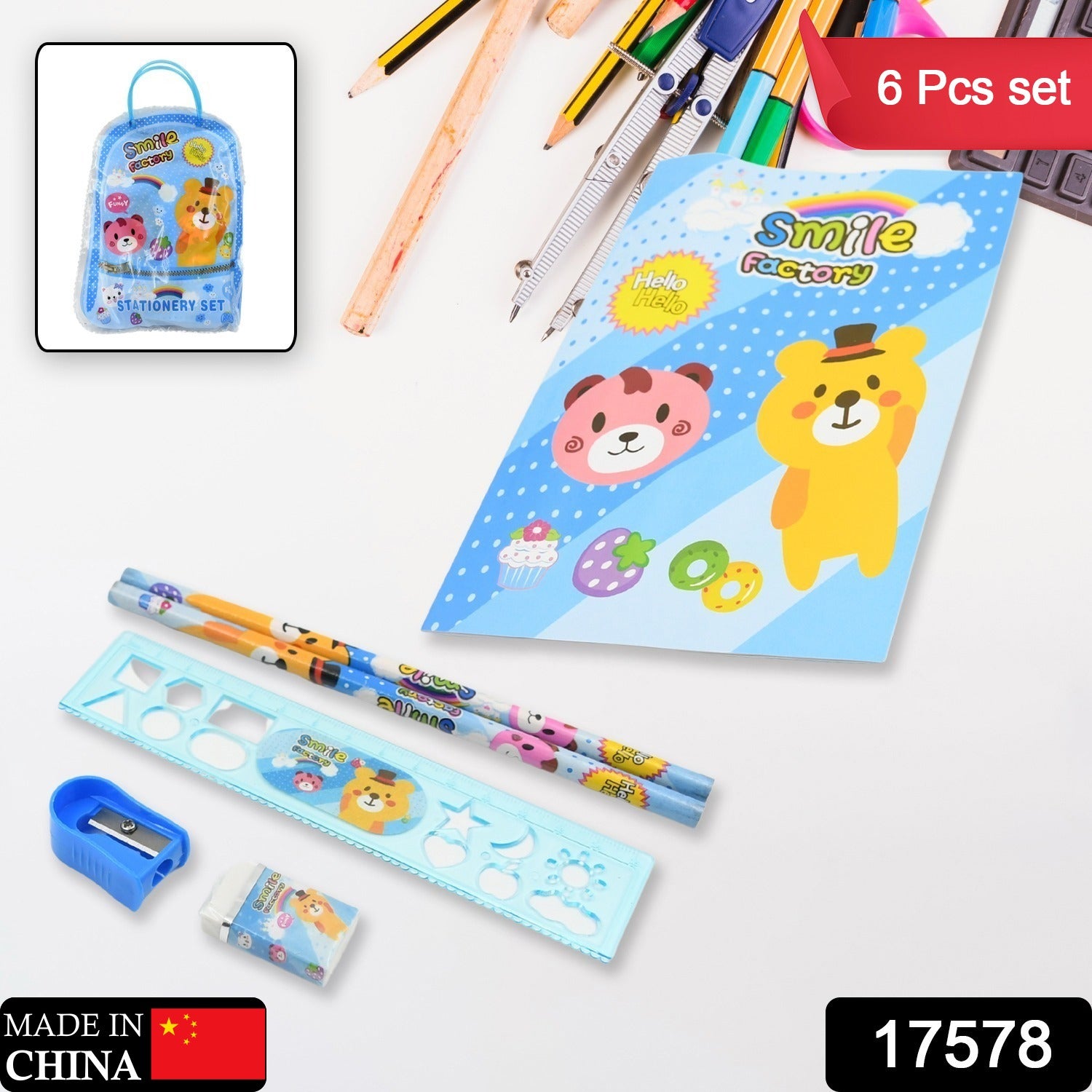 17578 Stationery Kit For Kids - Stationery Set Includes Wooden Pencil Sharpener Pencil And Eraser Set Birthday Return Gift For Kids Boys Girls 2 Pencil 1 Scale 1 Notebook1 Sharpener 1 Eraser  With Zip Bag (6 Pcs Set)