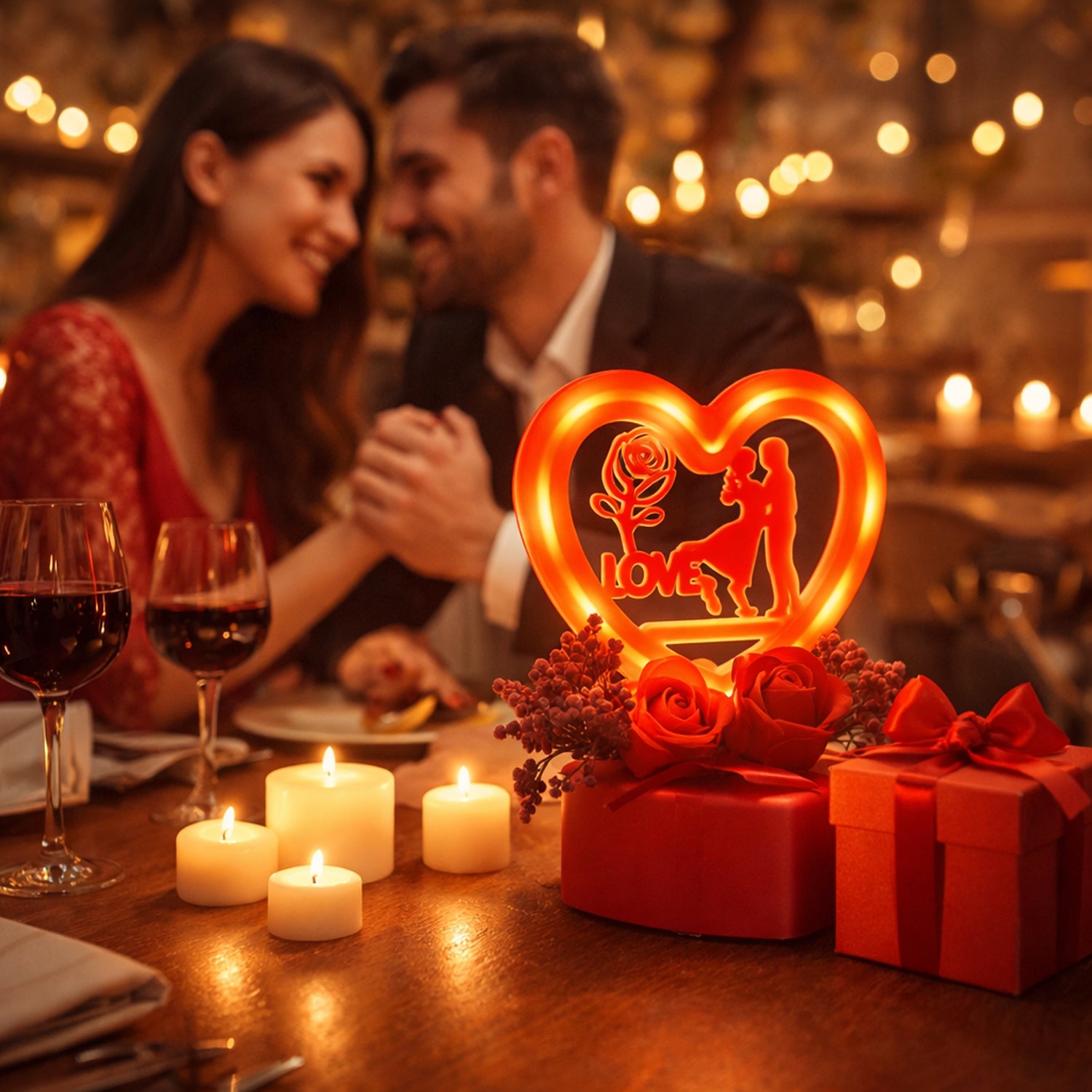 Heart Love Decorative Showpiece With Golden Rose Flower Gift Set (2 Pc)