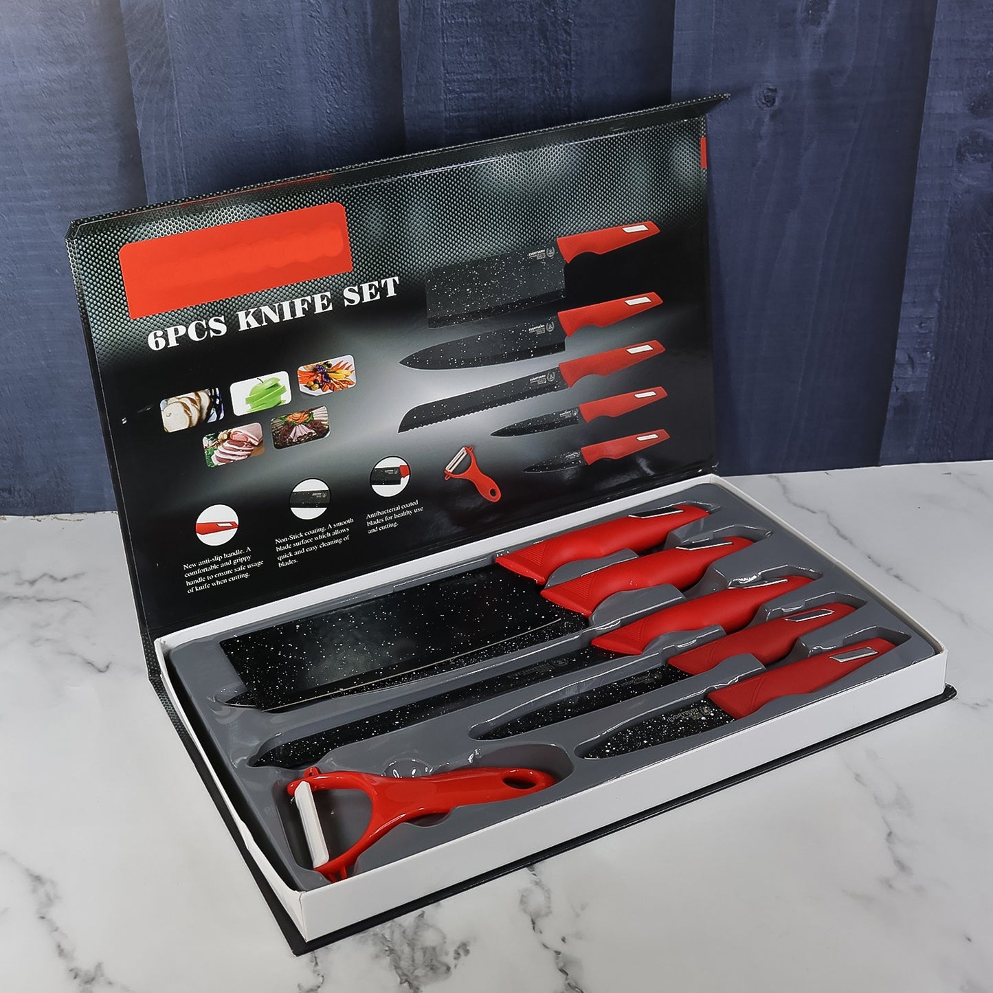 Kitchen Knife Set With Marble-coated Blades  Red Handles (6 Pc)