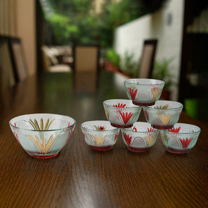 8234 Rose Glass Multipurpose Pudding  Dessert  Ice Cream Bowl Set For Home Use Home  Kitchen Serving Bowl For Sundae Sweets Snacks Fruit Pudding Nuts Or Dip Serving Bowls 6 Medium  1 Big Bowl (Set Of 7 Pc)