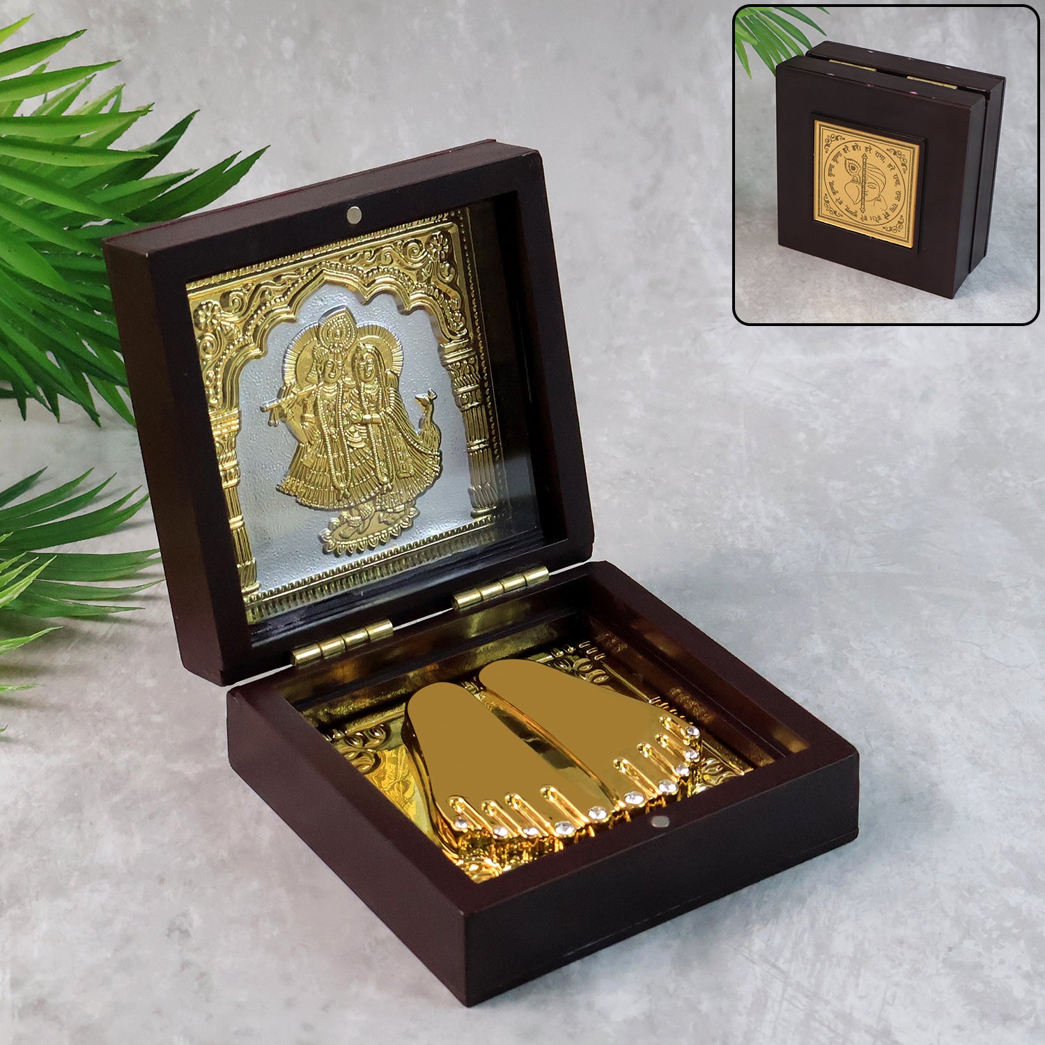 Golden Charan Paduka In Wooden Box  Spiritual Gift  Pooja Accessory
