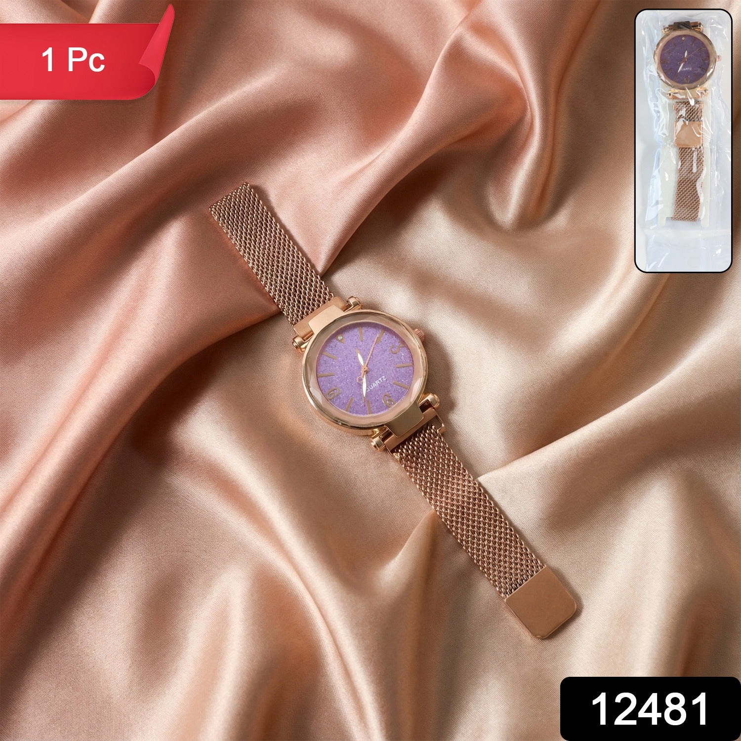 Elegant Rose Gold Mesh Strap Analog Wrist Watch For Women (1 Pc)