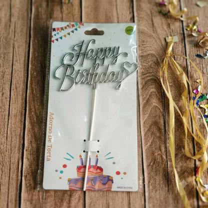 Golden Happy Birthday Cake Topper, Silver