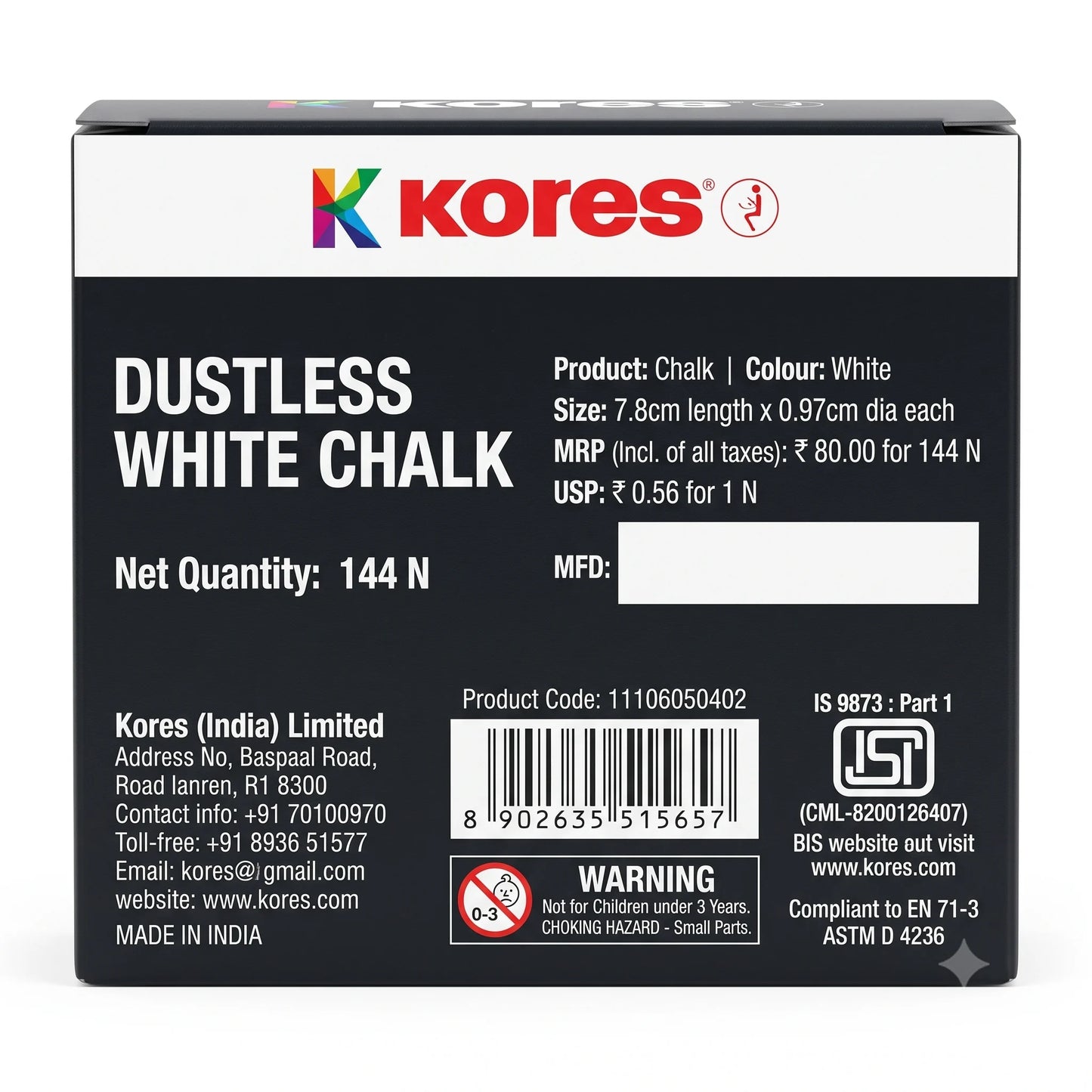 Kores Dustless Chalk - 144 pcs, White