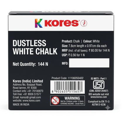 Kores Dustless Chalk - 144 pcs, White