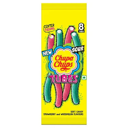 Chupa Chups Strawberry, Watermelon Sour Long Tubes Soft Candy - With Center Filling, 80 g Pouch