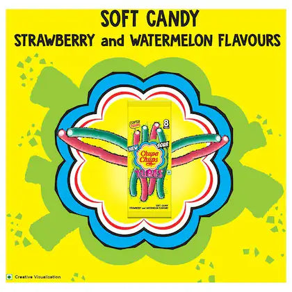 Chupa Chups Strawberry, Watermelon Sour Long Tubes Soft Candy - With Center Filling, 80 g Pouch