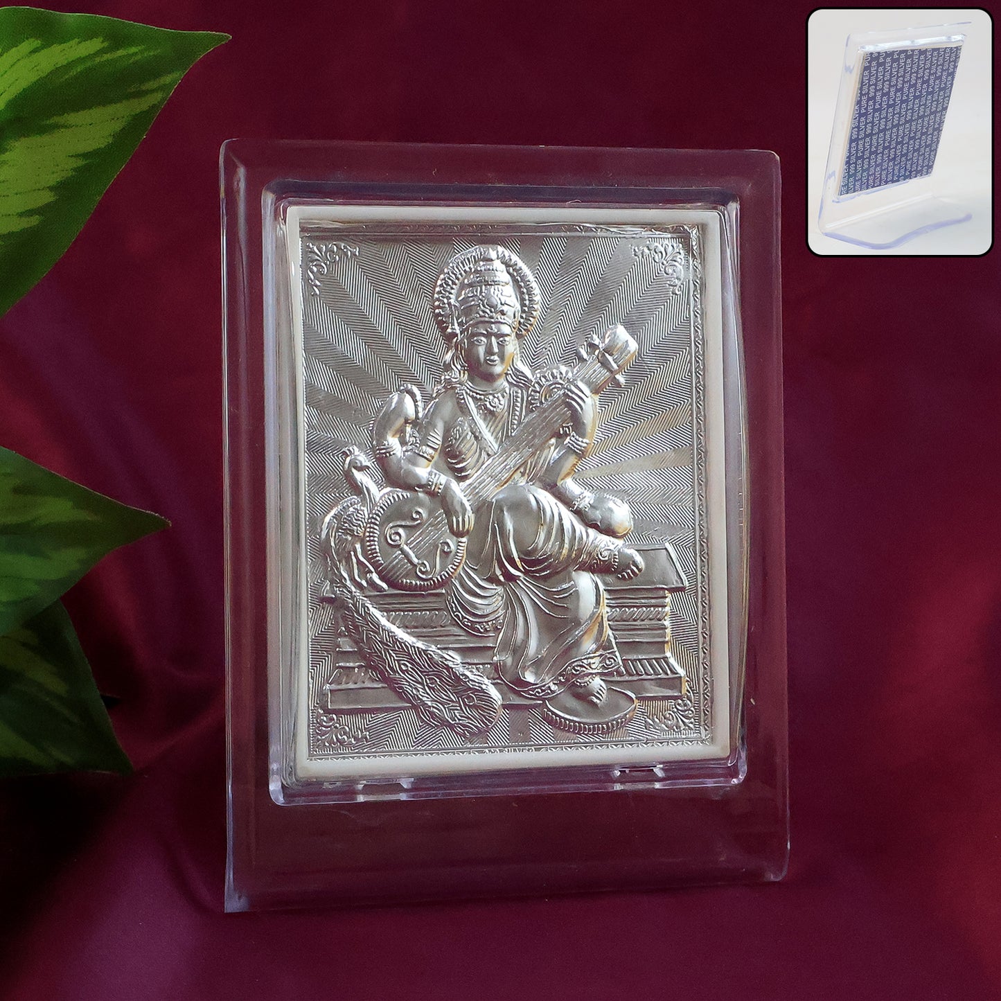 Elegant Silver Saraswati Maa Photo Frame With Stand (1 Pc)