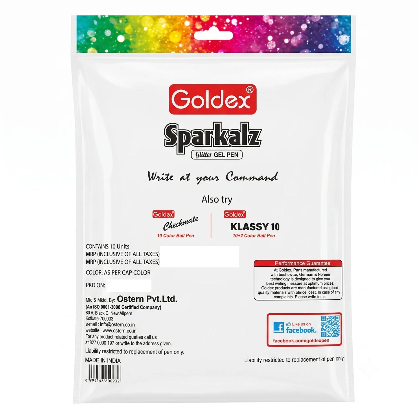 Goldex Glitter Gel Pen, Multicolour, 10 Pcs